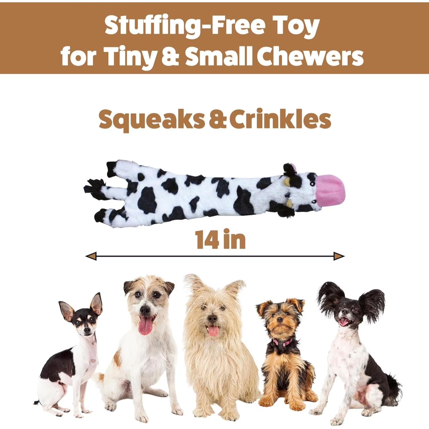 SPOT Skinneeez Crinkle Dog Toy, Stuffing-Free Cow Toy with Squeaker for Small Dogs and Puppies,For Moderate Chewers 14 Inch